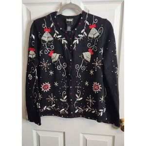 Vtg Designers Originals Studio Black Embroidered Christmas Sweater Cardigan Sz M